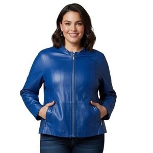 Jessica‎ London BEAUTIFUL Royal Blue Leather Jacket Plus Size Full Zip Lined